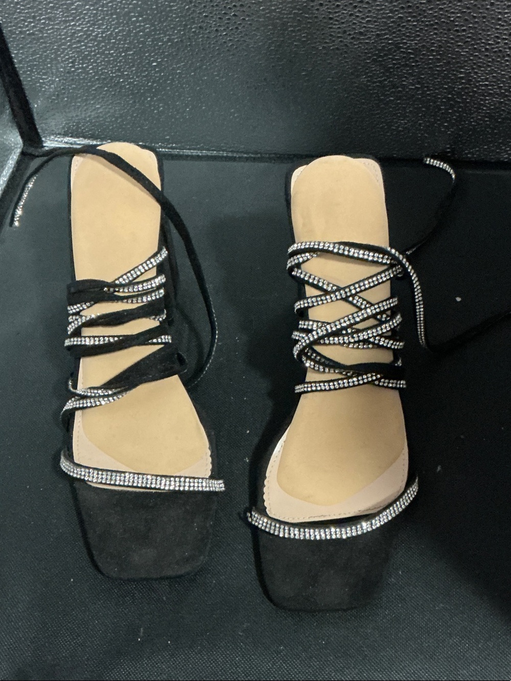 Fashion Nova Black Rhinestone Lace-Up Square Toe Heels